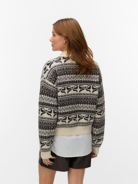 VM Button Front Collared Fairisle Knit Cardigan In Chocolate Brown & Cream