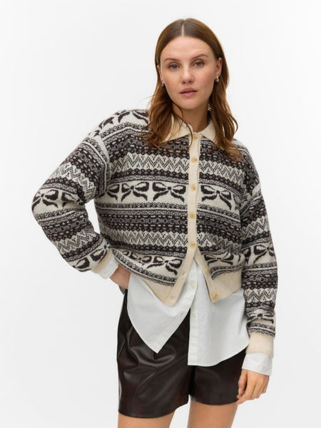 VM Button Front Collared Fairisle Knit Cardigan In Chocolate Brown & Cream