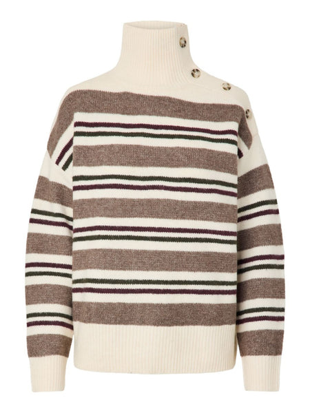 Pieces High Button Neck Knit Jumper In Multi Stripe