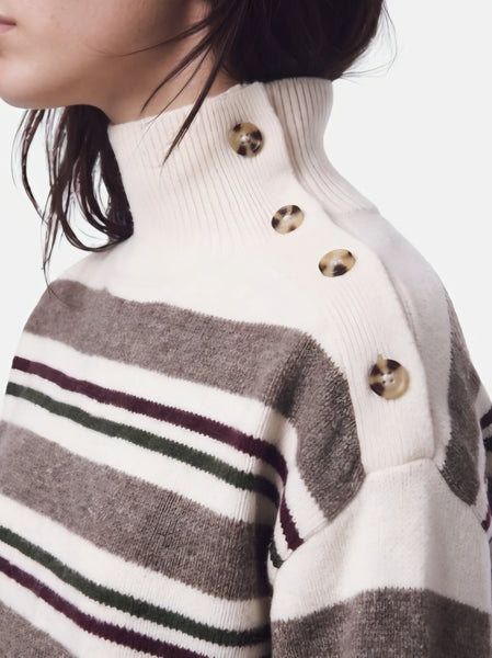 Pieces High Button Neck Knit Jumper In Multi Stripe