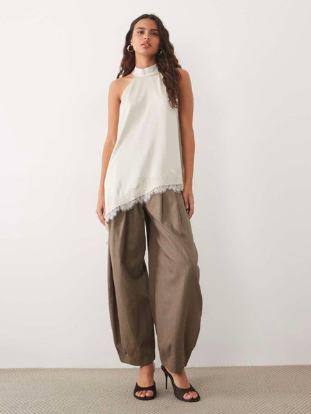 JDY Asymmetric Lace Hem Halterneck Satin Top In Champagne