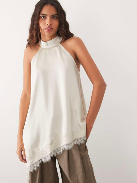 JDY Asymmetric Lace Hem Halterneck Satin Top In Champagne