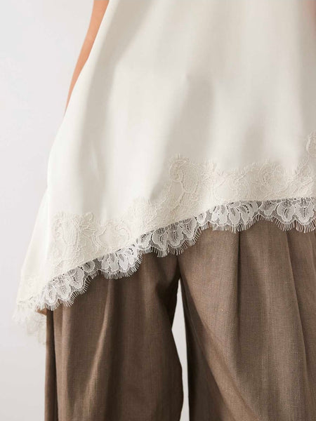JDY Asymmetric Lace Hem Halterneck Satin Top In Champagne
