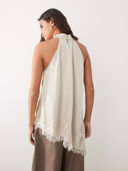 JDY Asymmetric Lace Hem Halterneck Satin Top In Champagne