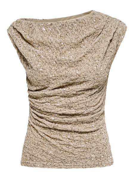 Only Ruched Slash Neck Sequin Top In Beige