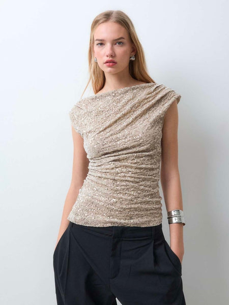 Only Ruched Slash Neck Sequin Top In Beige