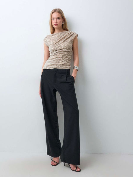 Only Ruched Slash Neck Sequin Top In Beige