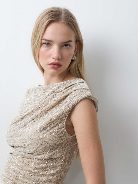 Only Ruched Slash Neck Sequin Top In Beige