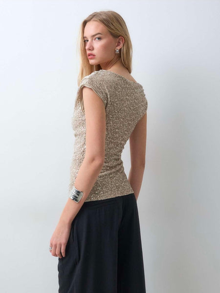 Only Ruched Slash Neck Sequin Top In Beige