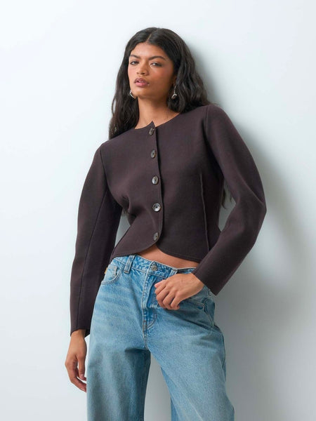 VM Premium Structured Round Neck Knit Cardigan In Chocolate Brown