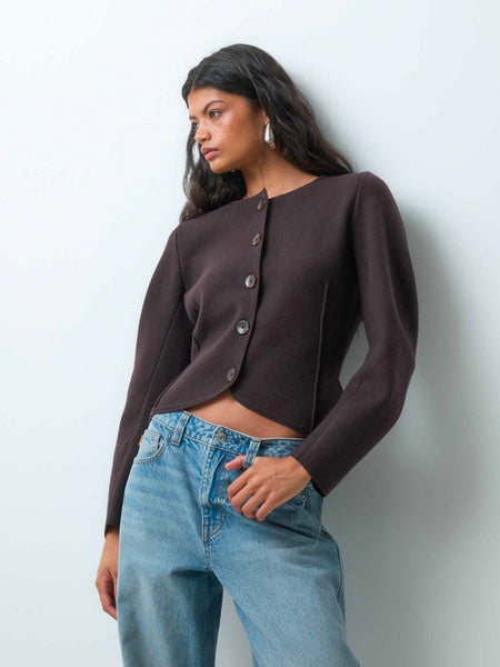 VM Premium Structured Round Neck Knit Cardigan In Chocolate Brown