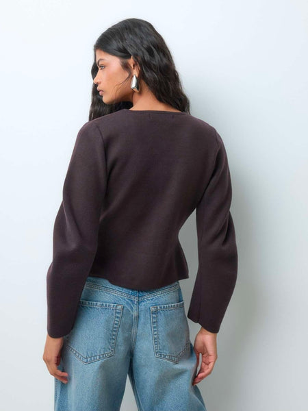 VM Premium Structured Round Neck Knit Cardigan In Chocolate Brown