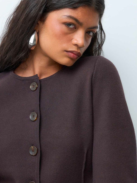 VM Premium Structured Round Neck Knit Cardigan In Chocolate Brown