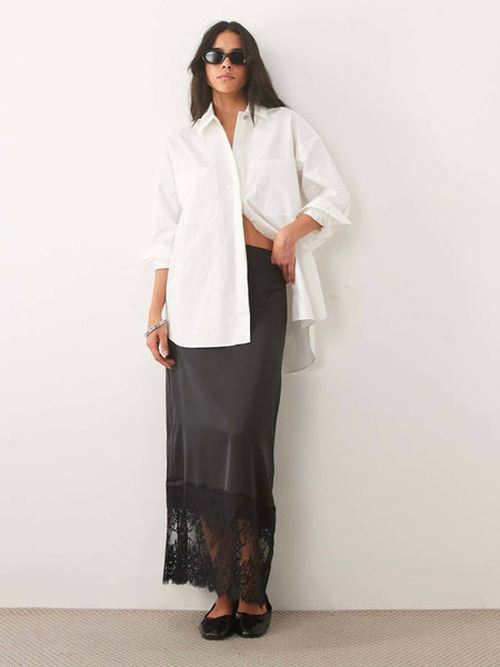 VM Lace Trim Satin Midi Skirt In Black