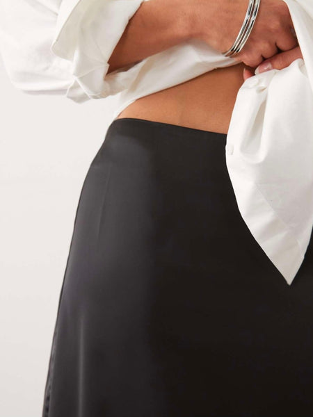 VM Lace Trim Satin Midi Skirt In Black