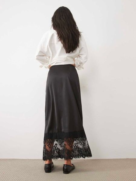 VM Lace Trim Satin Midi Skirt In Black