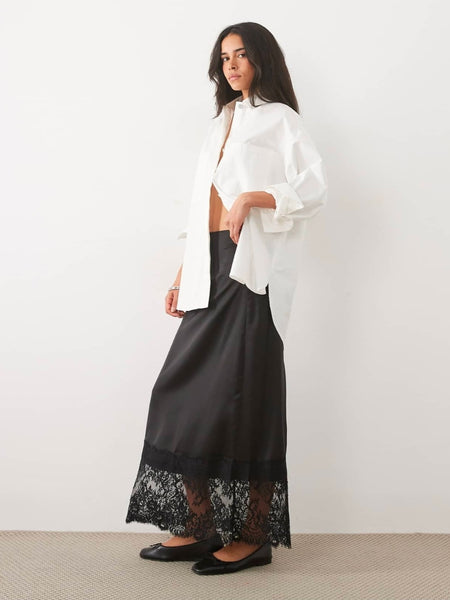 VM Lace Trim Satin Midi Skirt In Black