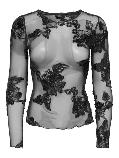 JDY Floral Embroidered Mesh Long Sleeve Top In Black