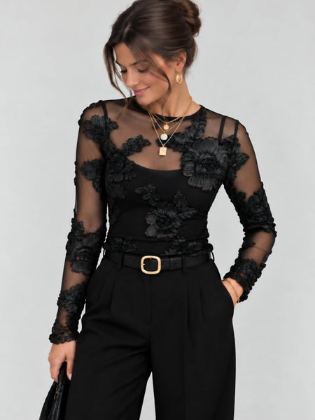 JDY Floral Embroidered Mesh Long Sleeve Top In Black