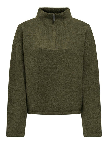 Only Zip Neck Knit Jumper In Olive Green