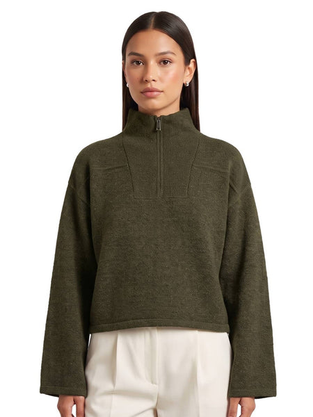 Only Zip Neck Knit Jumper In Olive Green