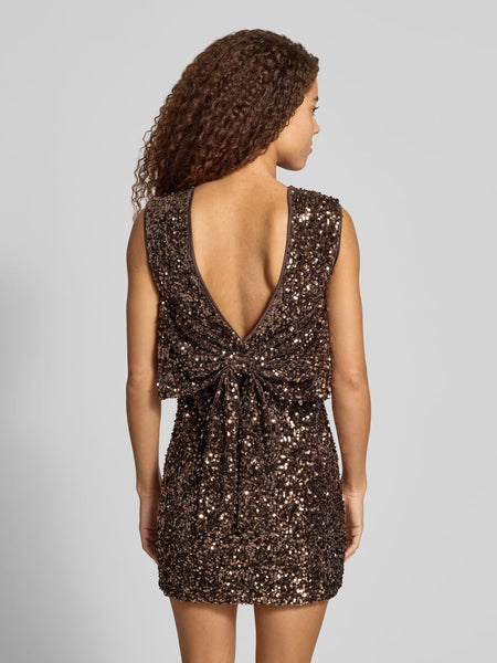 Only Sequin Bow Back Mini Dress In Chocolate Brown