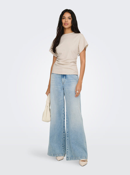 Only Round Neck Cinched Waist T-Shirt in Pumice Stone