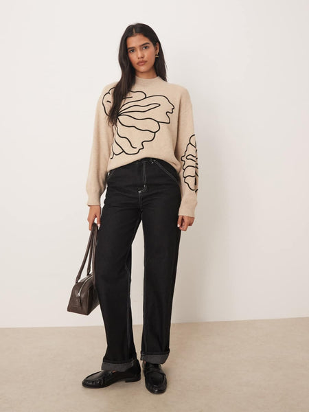 JDY Floral Stitch Detail Jumper In Beige