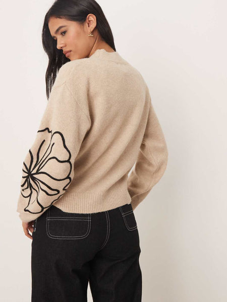 JDY Floral Stitch Detail Jumper In Beige