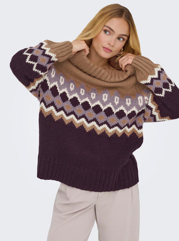 Only Chunky Fairisle Roll Neck Knitted Jumper in Burgundy