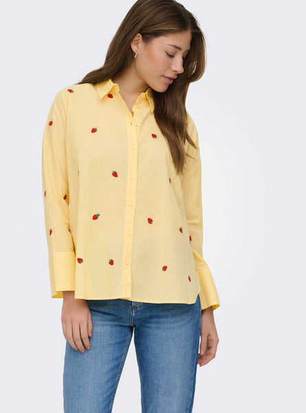 Only Oversized Embroidered Strawberry Shirt in Lemon