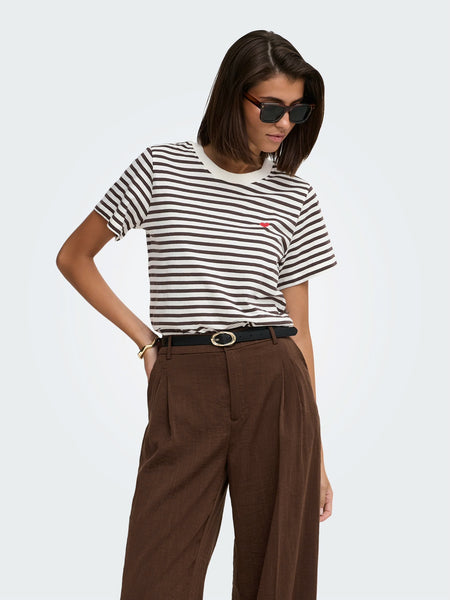 JDY Short Sleeve Heart Tshirt In Brown Stripe