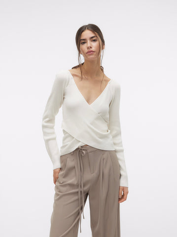 VM Ribbed V Neck Top In Birch