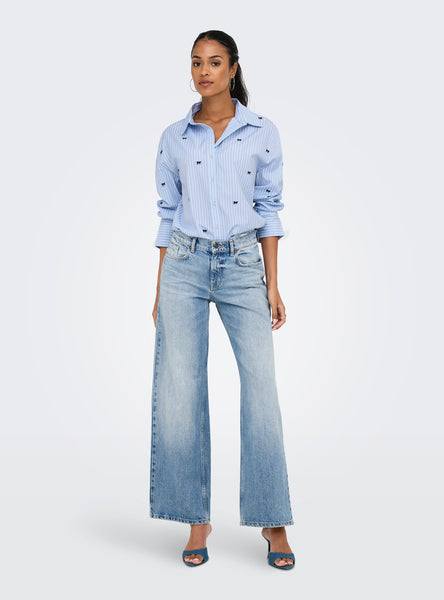 ONLY Oversized Pinstripe Shirt with Embroidered Bow Detail