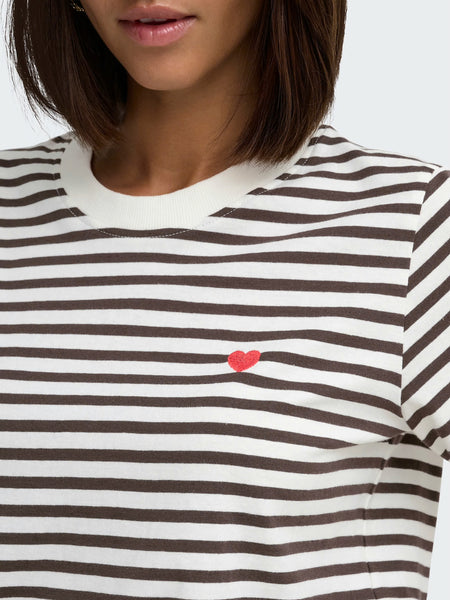 JDY Short Sleeve Heart Tshirt In Brown Stripe
