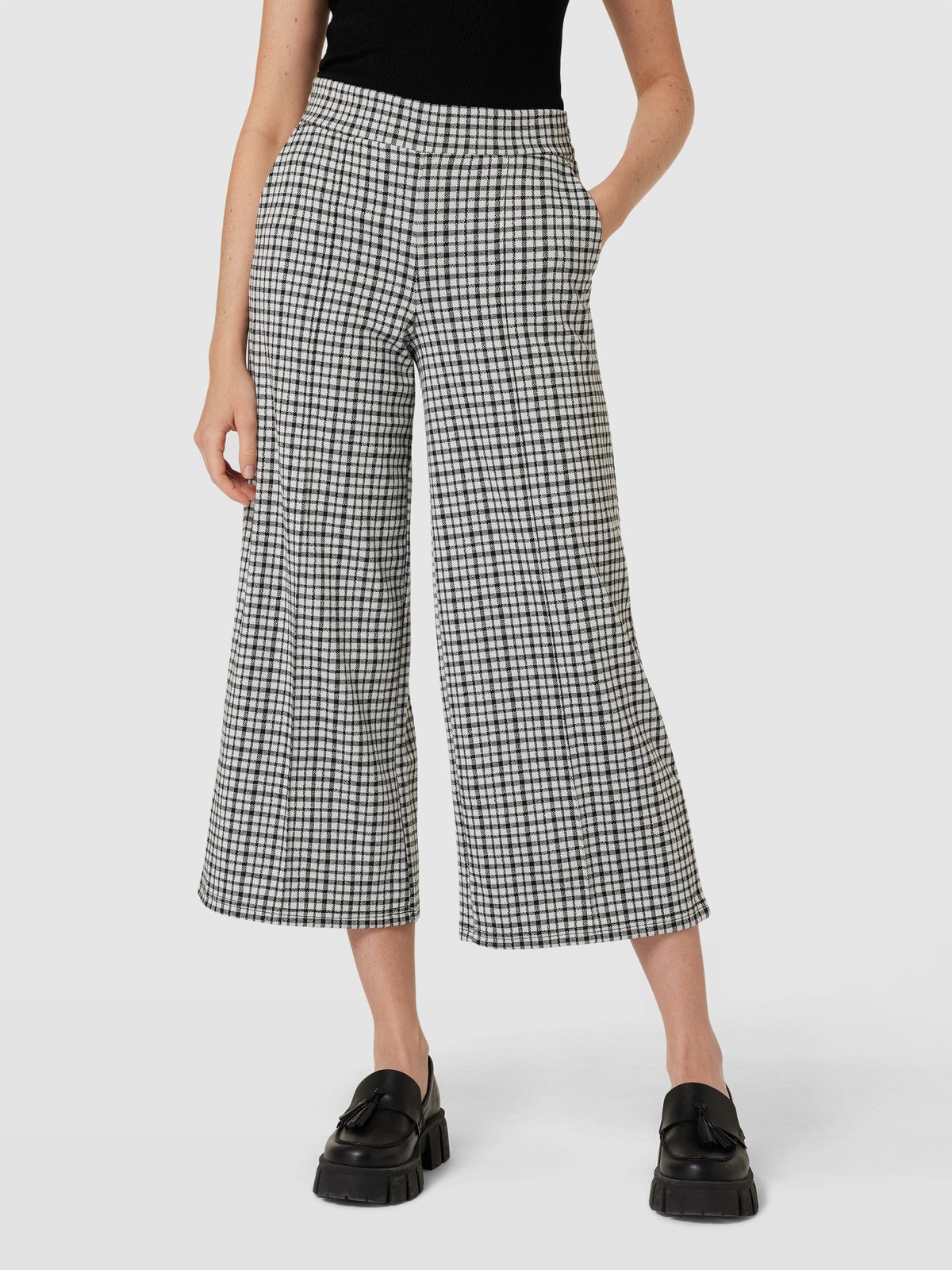 ICHI Checked Wide Leg Crop Trousers
