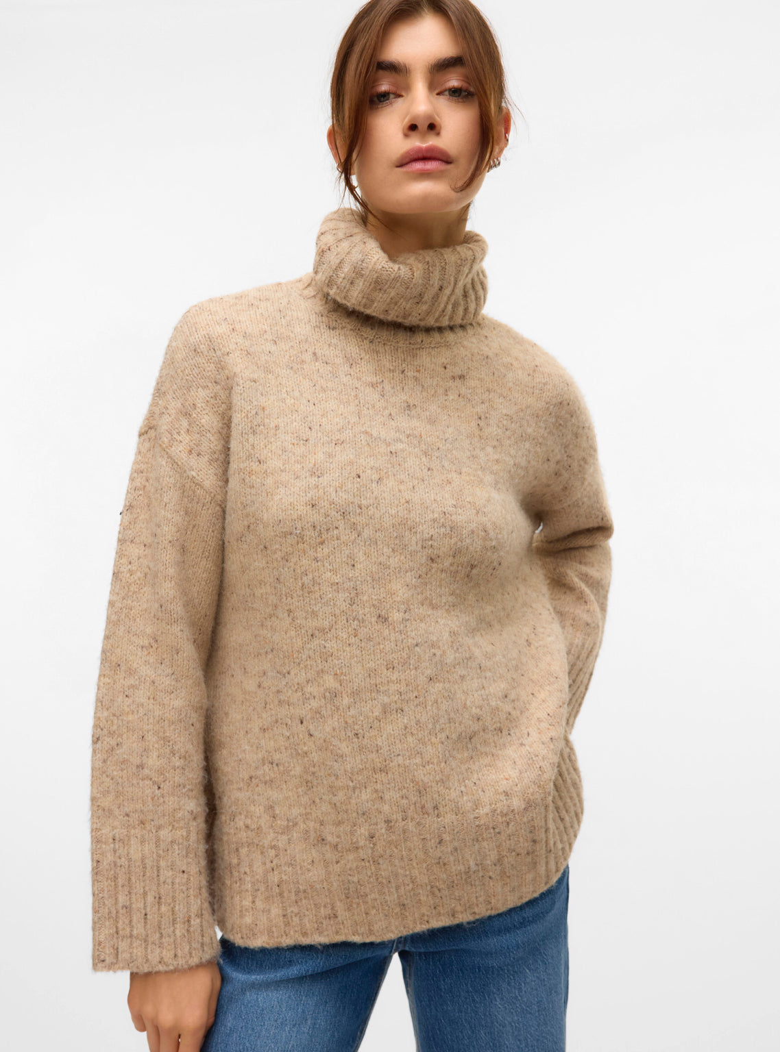 VM Roll Neck Split Hem Knit in Oatmeal