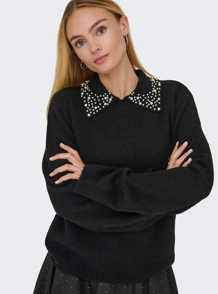 JDY Pearl Detail Collared Knit Jumper in Black