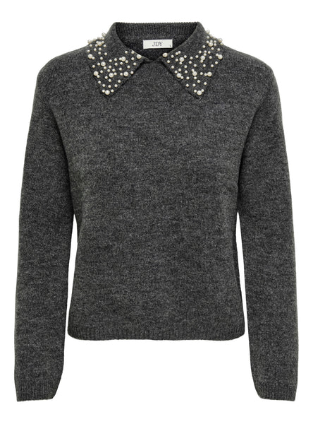 JDY Pearl Detail Collared Knit Jumper in Grey