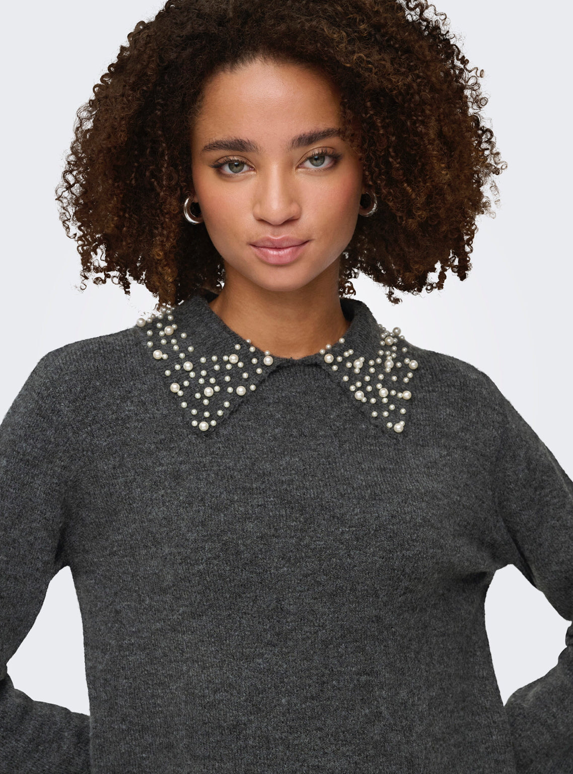 JDY Pearl Detail Collared Knit Jumper in Grey