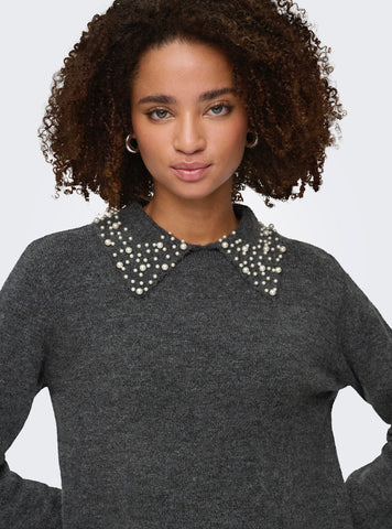 JDY Pearl Detail Collared Knit Jumper in Grey