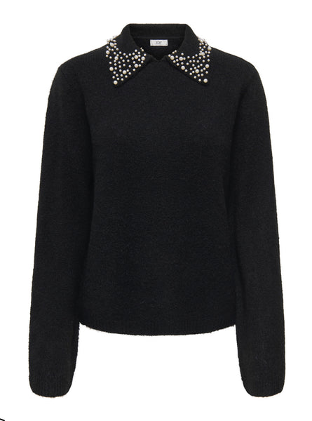 JDY Pearl Detail Collared Knit Jumper in Black