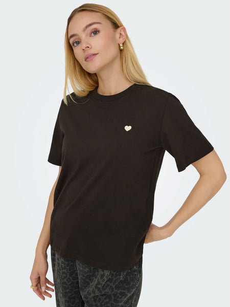 JDY Short Sleeve Heart Tshirt In Brown