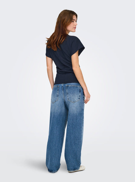 Only Round Neck Cinched Waist T-Shirt in Navy