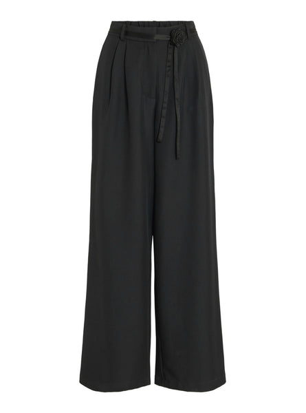 Vila High Waisted Wide Leg Rosette Detail Trousers In Black