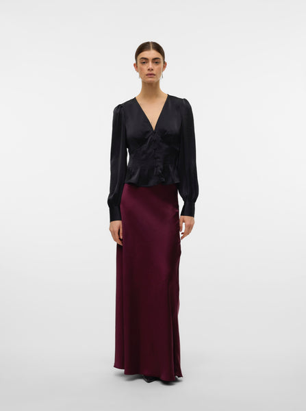 VM High Waist Satin Maxi Skirt in Wine