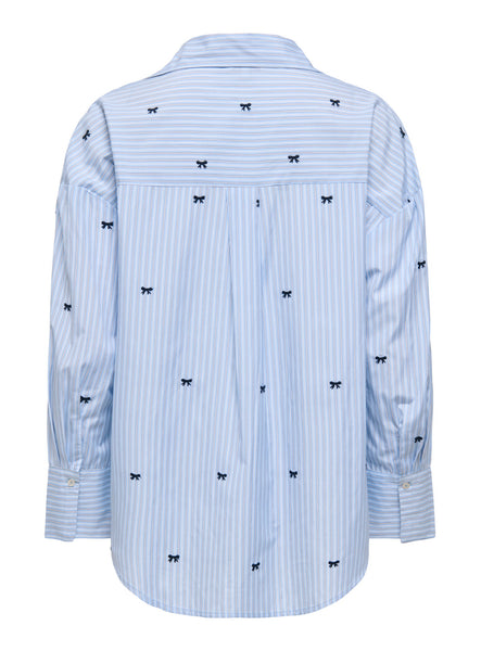 ONLY Oversized Pinstripe Shirt with Embroidered Bow Detail