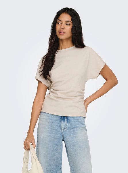 Only Round Neck Cinched Waist T-Shirt in Pumice Stone