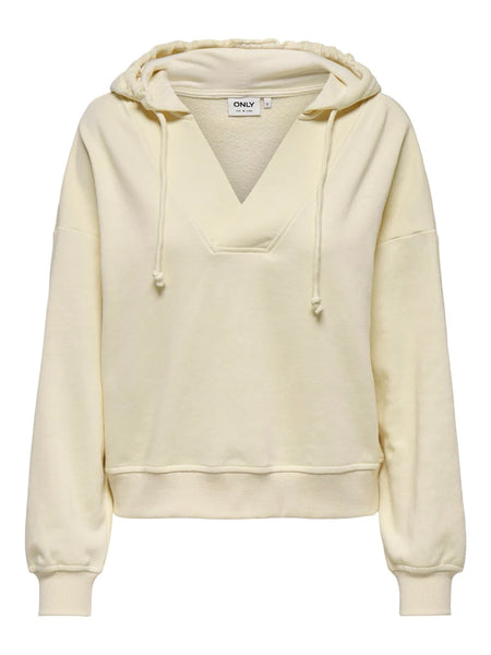 Only V Neck Basic Hoodie in Cream