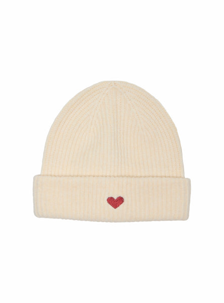 Only Embroidered Heart Knit Beanie in Cream